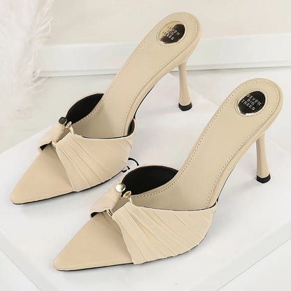 BIGTREE Shoes Women Sandals Leopard Pleated Lace Women Pumps Open-toe High-Heeled Sandals Summer Slippers Stiletto 9 Cm Heels ﻿