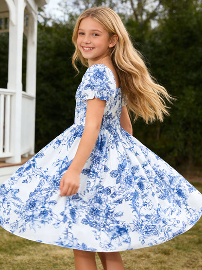 Girls' bubble short-sleeved dress, elegant and fashionable floral dress for summer outdoor leisure activities and parties