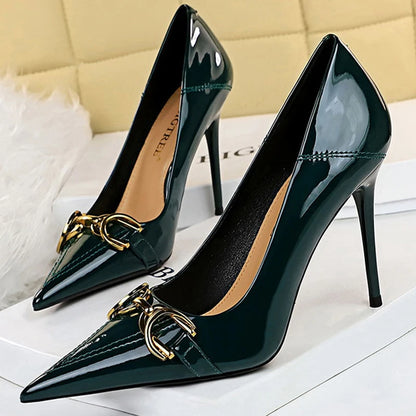 Luxury Women Pumps Metal Belt Buckle High Heels Patent Leather Women Heels Stilettos Career OL Office Shoes Plus Size 41 42 43