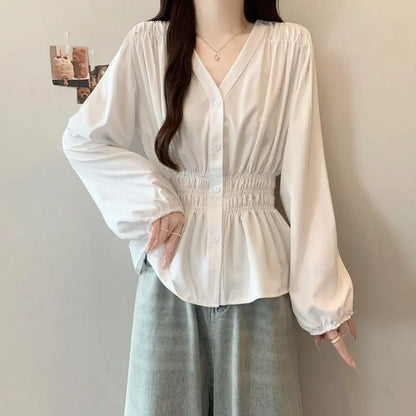 200 Pounds Plus Size Elastic Waist Office Lady Trend Shirt And Blouse Solid Color Top Women Clothing V-neck French Chic Basics