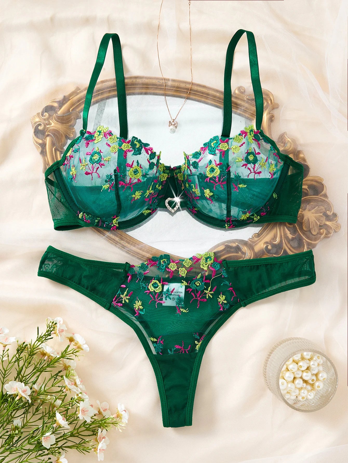 Green Floral Embroidery Lingerie Set 2PCS Sheer Mesh Bra & Panty Women Sexy Underwear Gift ZA824026