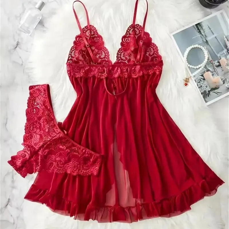 Red Sexy Lingerie Erotic Underwear Sets Transparent Porno Lace Bra And Panty Set Lingerie Women Hot Sleepwear Babydoll Dress