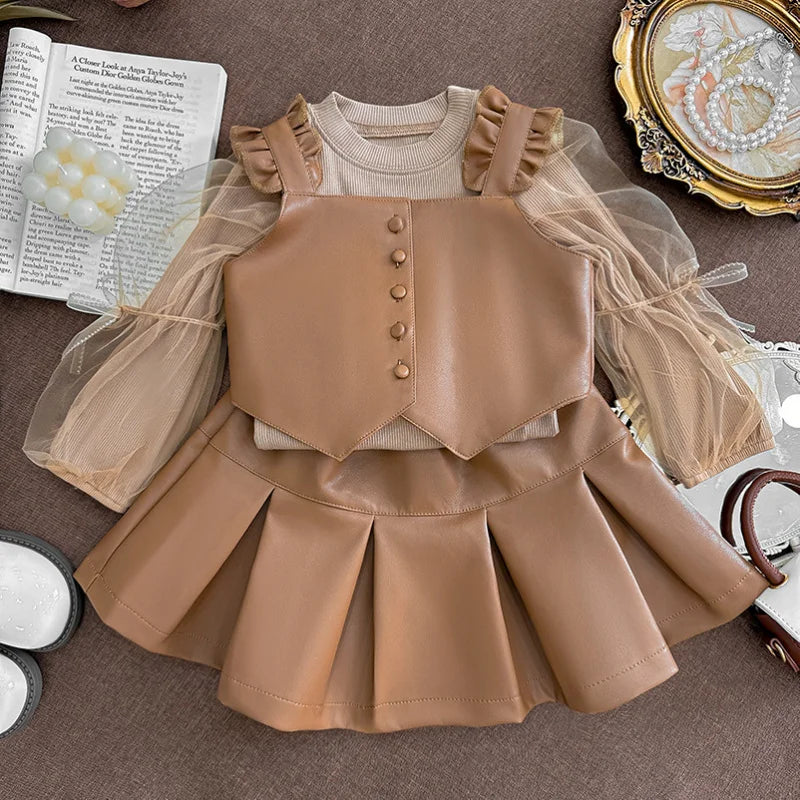 New Girls' Autumn Western Style Little Girls' Leather Two-Piece Suit Fashionable Children's Bottoming Shirt Trendy