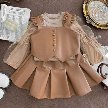 New Girls' Autumn Western Style Little Girls' Leather Two-Piece Suit Fashionable Children's Bottoming Shirt Trendy