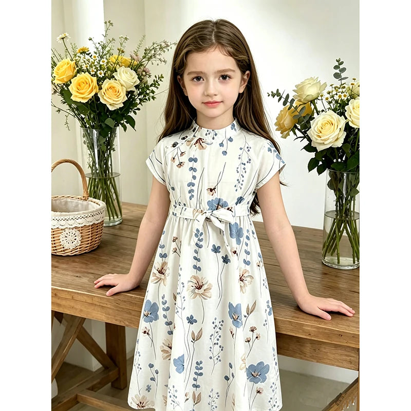 Kids Dress For  8-12 Years Girls White Crew Neck Sleeveless Floral Dress & Belt Elegant Beach Holiday Children's Clothing