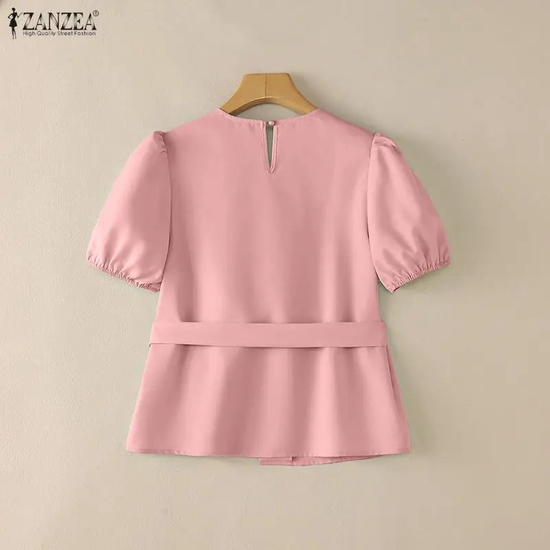 ZANZEA Women Elegant Chic Tied Waist Blouses O-Neck Short Puff Sleeve Solid Color Tops Summer Fashion Blusas de Mujer Streetwear