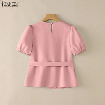 ZANZEA Women Elegant Chic Tied Waist Blouses O-Neck Short Puff Sleeve Solid Color Tops Summer Fashion Blusas de Mujer Streetwear