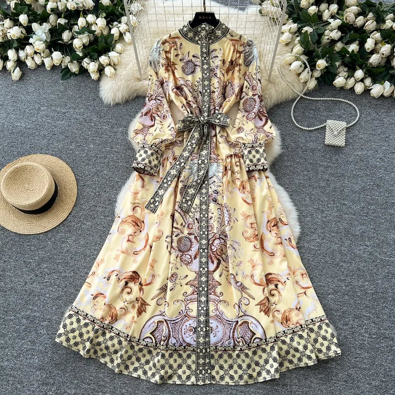 2026 Long-sleeve Printed Dress Women Summer Single-breasted Stand-collar Party Maxi Dresses Lace-up Slim Elegant A-line Dresses