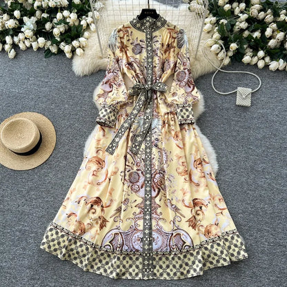 2026 Long-sleeve Printed Dress Women Summer Single-breasted Stand-collar Party Maxi Dresses Lace-up Slim Elegant A-line Dresses