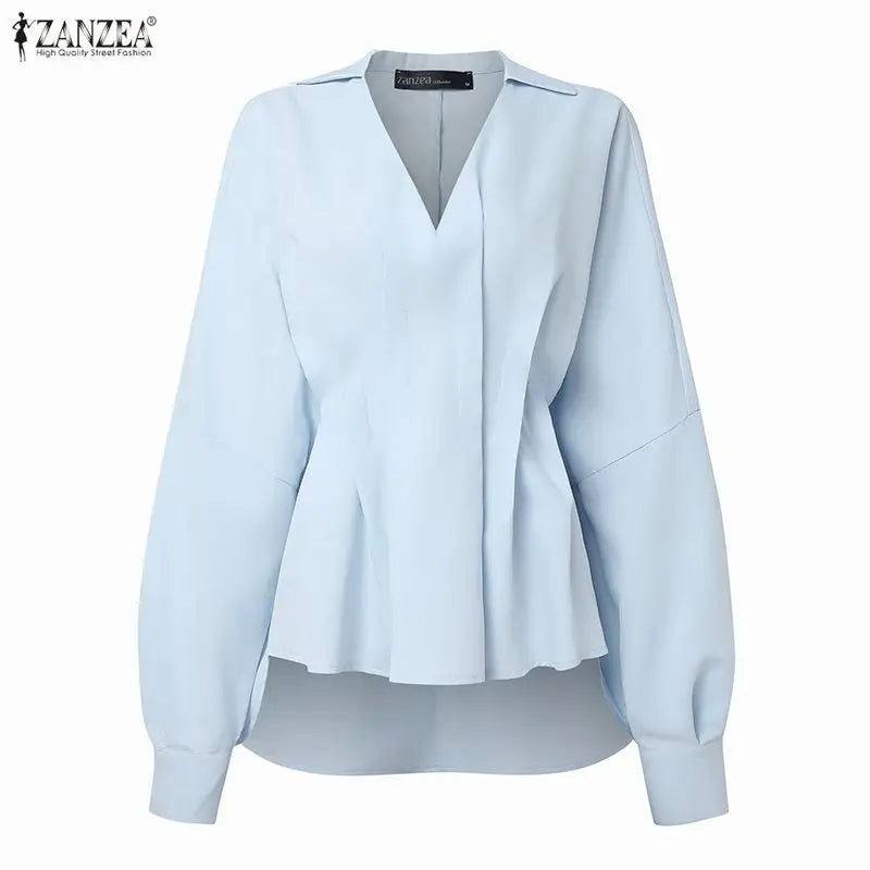 ZANZEA Women's Stylish Chic Oversized Blue Blouses Turn-Down V-Neck Lantern Sleeves High-Low Hem Tops Minimalist Solid Blouse