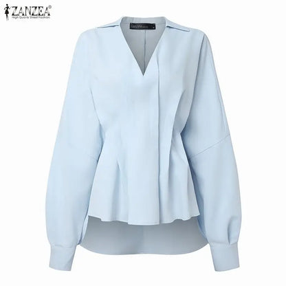 ZANZEA Women's Stylish Chic Oversized Blue Blouses Turn-Down V-Neck Lantern Sleeves High-Low Hem Tops Minimalist Solid Blouse