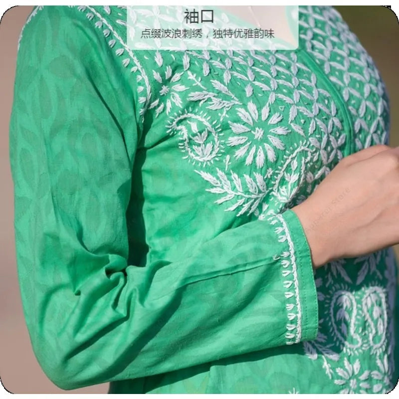 Women's Embroidered Kurti Indian/Pakistani Tunic Top Spring Summer Thin Traditional South Asian Dress Top Green Blouse Cotton