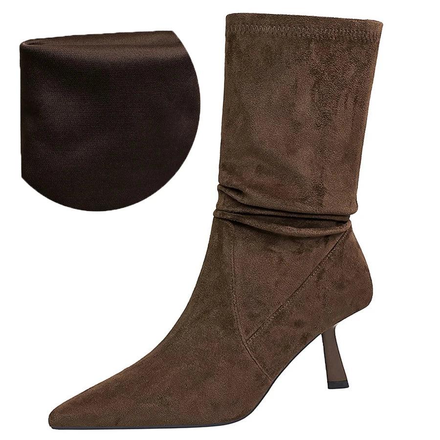 BIGTREE Shoes Women Pleated Elastic Boots Woman Stiletto 6.5 CM High Heel Boots Suede Ankle Boots Fashion Pointed Short Boots