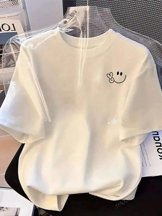 Stylish Tee with Adorable Smile and Peace Sign Design Ideal for Curvy Ladies into Playful Fashion