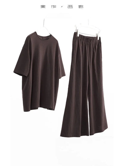 100% Slub Cotton~Women's Matching Sets Short-Sleeved T-Shirt and Flared Pants Two-Piece Loungewear Set 2026 Summer