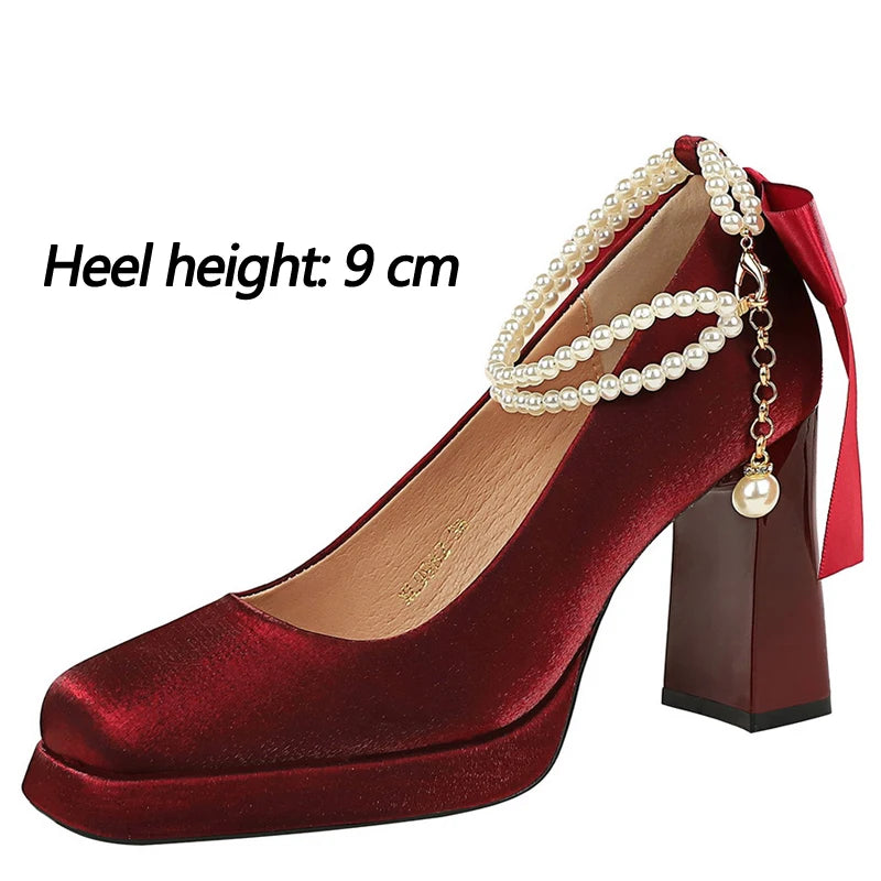 BIGTREE Shoes Pearl Chain Design Women Pumps Bowknot Silks Satins Platform High Heels Square Head Thick Heeled Shoes Women Heels