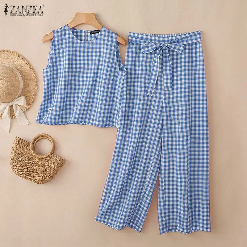 ZANZEA Women Summer Gingham 2 Piece Pant Sets Casual O-Neck Tank Top & Belted Pant Suits Everyday Wear Commute 2pcs Sets Outfits