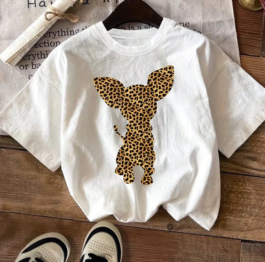 Chihuahua Leopard Print Dog Outline, Printed T-Shirt Short-Sleeve Round Neck Casual Top, for Summer And Spring, Women'S Clothing