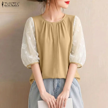 ZANZEA Sophisticated Elegant Floral Fil Coupe Patchwork 3/4 Sleeve Blouses Women Gathered O-Neck Top Solid Color Blusas de Mujer