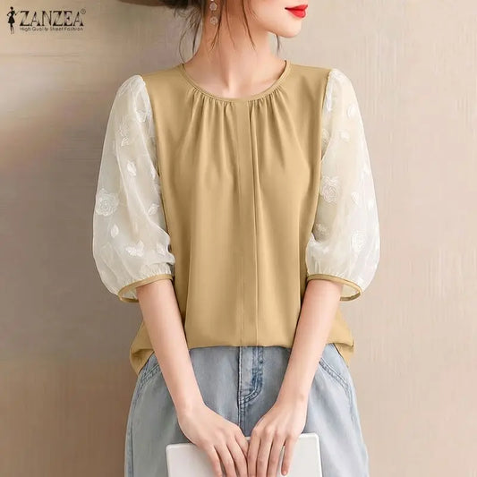 ZANZEA Sophisticated Elegant Floral Fil Coupe Patchwork 3/4 Sleeve Blouses Women Gathered O-Neck Top Solid Color Blusas de Mujer