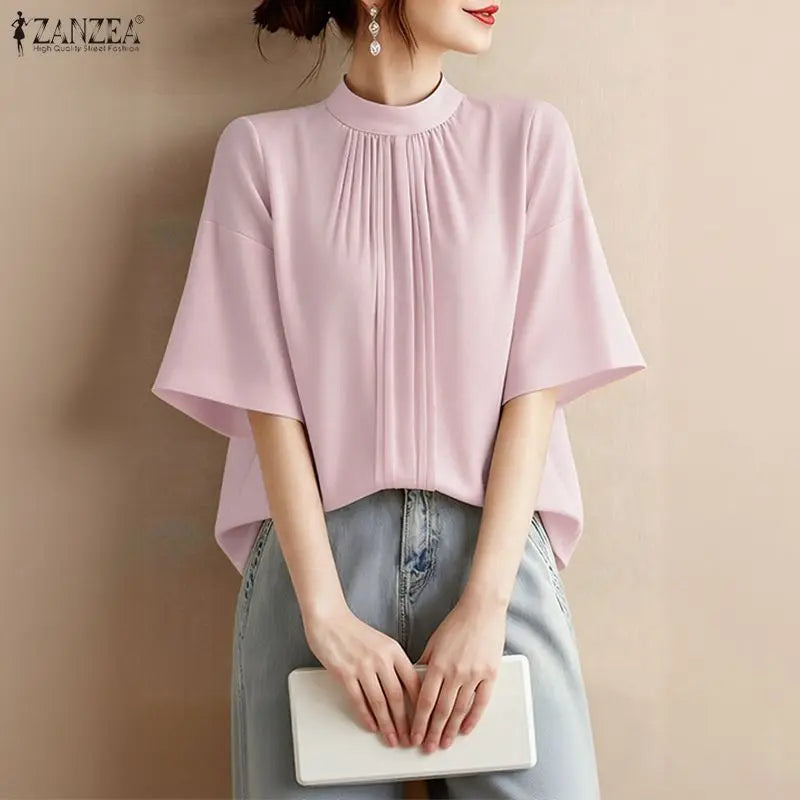 ZANZEA Elegant Loose Blouses Women's Stand Collar Half Sleeves Pleated Tops Summer Daily Casual Solid Color Blusas de Mujer