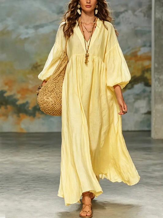V Neck Puff Sleeve Linen Maxi Dress, Multi Color Loose Flowy Boho Dress for Women, Breathable Casual Beach Vacation Outfit