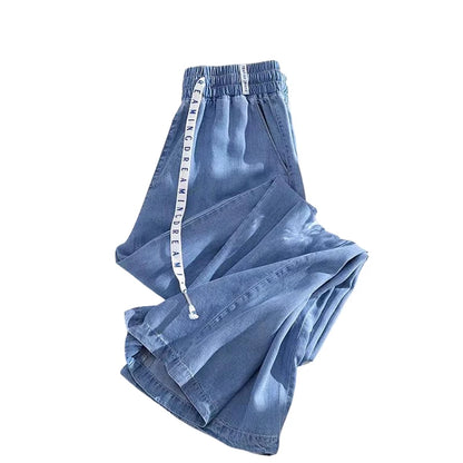 Cara CLUB plus Size Silk Denim Pants Women Summer Loose Wide Leg Straight Cut Trousers Pear Body Shape Commute Style Korean V...