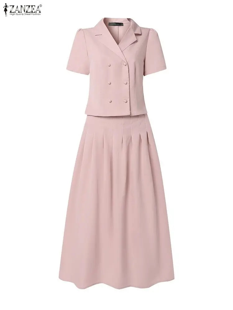 2026 ZANZEA Summer Office OL Outfits Elegant Women Dress Sets Lapel Neck Short Sleeve Shirt Pleated Midi Skirt Suit 2 Piece Sets