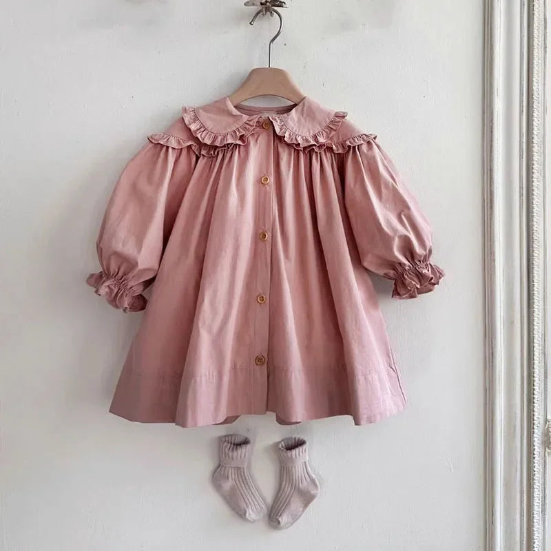 2026 Spring New Children Long Sleeve Casual Dress Cotton Girls Cute Loose Puff Sleeve Dress Toddler Cardigan Dress Kids Clothes