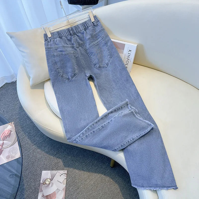 155Kg Plus Size Women's Pants Hip 150-160 High Waist Casual Loose Flare Jeans Black Blue 4XL 5XL 6XL 7XL 8XL 9XL