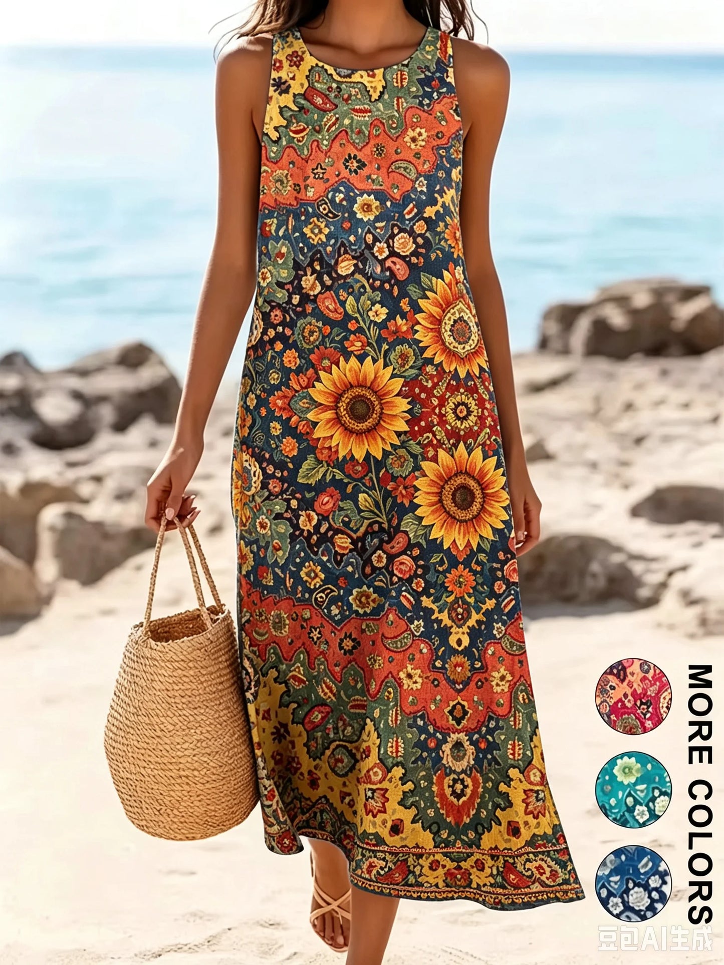 2026 Women's Sleeveless Bohemian Floral Casual Beach MIDI Sundress With Pockets Flowing and Loose Sweetheart Rustic Country