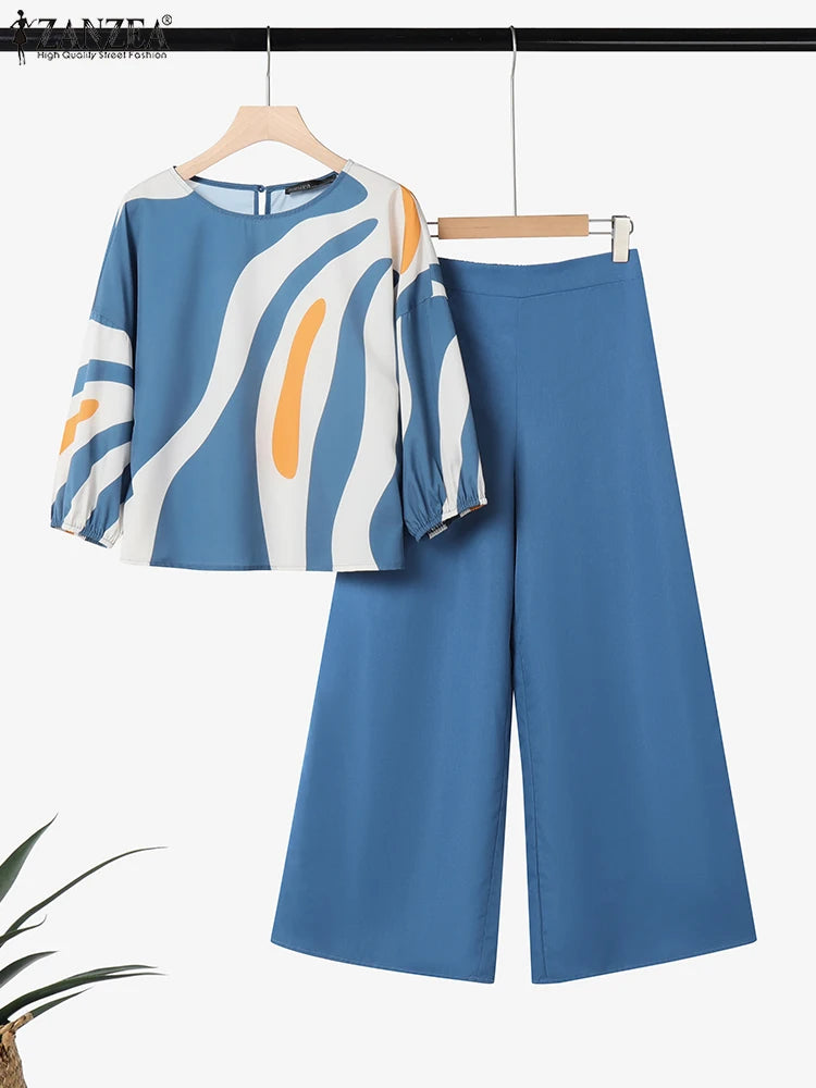 ZANZEA Women's Pant Sets with Abstract Waves Print 3/4 Sleeve Blouse & Wide Leg Pant 2 Pieces Suits Summer Casual 2pcs Outfits