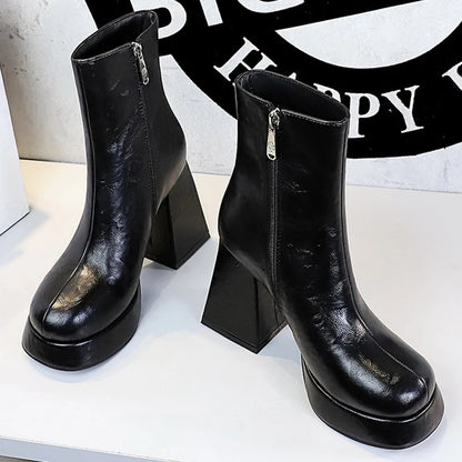 Platform Boots Women Shoes Side Zipper Leather Boots Thick Heel Ladies Ankle Boots Fashion High Heel Boots Autumn Winter Shoes