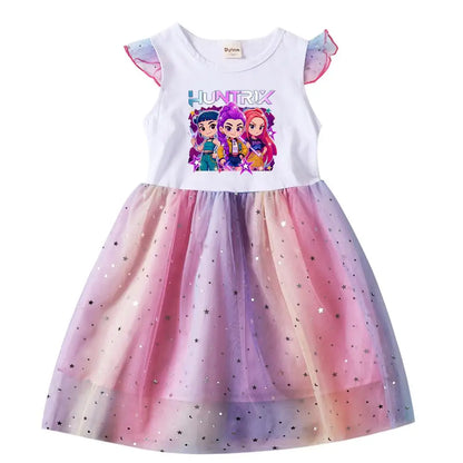 K-Pop Hunters Rumi Baby Girls Dress Children Cartoon Mesh Star Sequins Princess Dress Kids Flying Sleeve Skirt For Birthday Gift