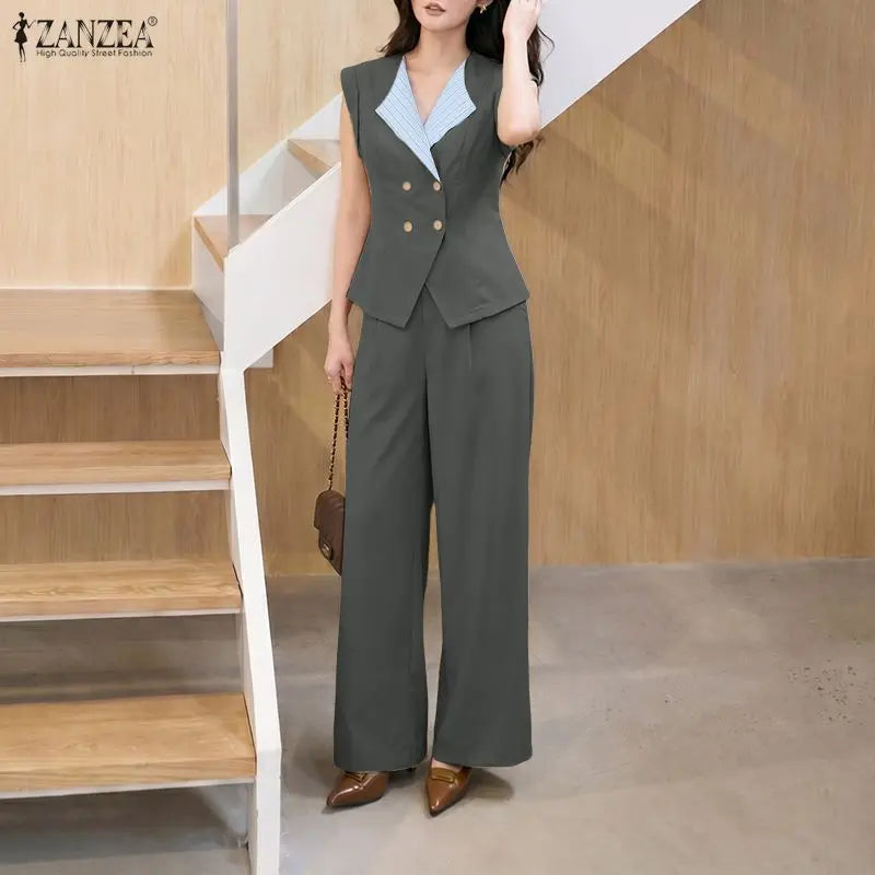 2026 ZANZEA Summer Lapel Neck Sleeveless Tanks Tops Trousers Suit Women 2 Piece Sets Elegant OL Work Pants Sets Patchwork Outfit