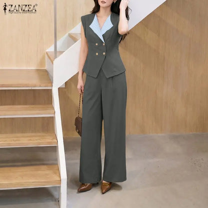 2026 ZANZEA Summer Lapel Neck Sleeveless Tanks Tops Trousers Suit Women 2 Piece Sets Elegant OL Work Pants Sets Patchwork Outfit