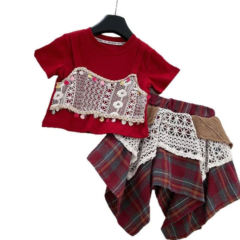 Girls' New Summer Short-Sleeve Ethnic Style Lace Patchwork Plaid Skirt Two-Piece Set