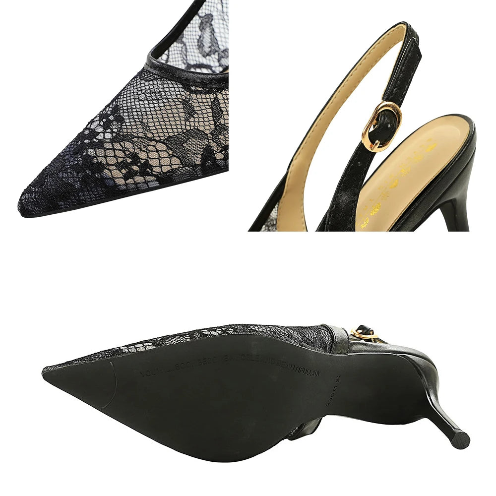 Sexy High Heels Women Shoes Hollow Lace Mesh High-Heeled Sandals Women Pumps Buckle Pointed Female Heels Summer Stiletto 8 cm