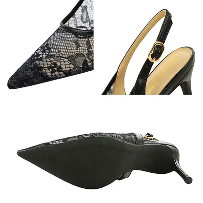 Sexy High Heels Women Shoes Hollow Lace Mesh High-Heeled Sandals Women Pumps Buckle Pointed Female Heels Summer Stiletto 8 cm