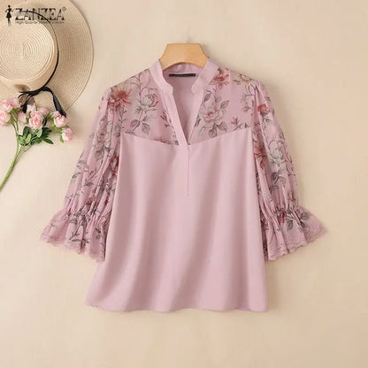ZANZEA Elegant Women Blouses Floral Printed Chiffon Patchwork Tops Fashion V-Neck 3/4 Puff Sleeve Lace Trim Woman Clothes S-3XL