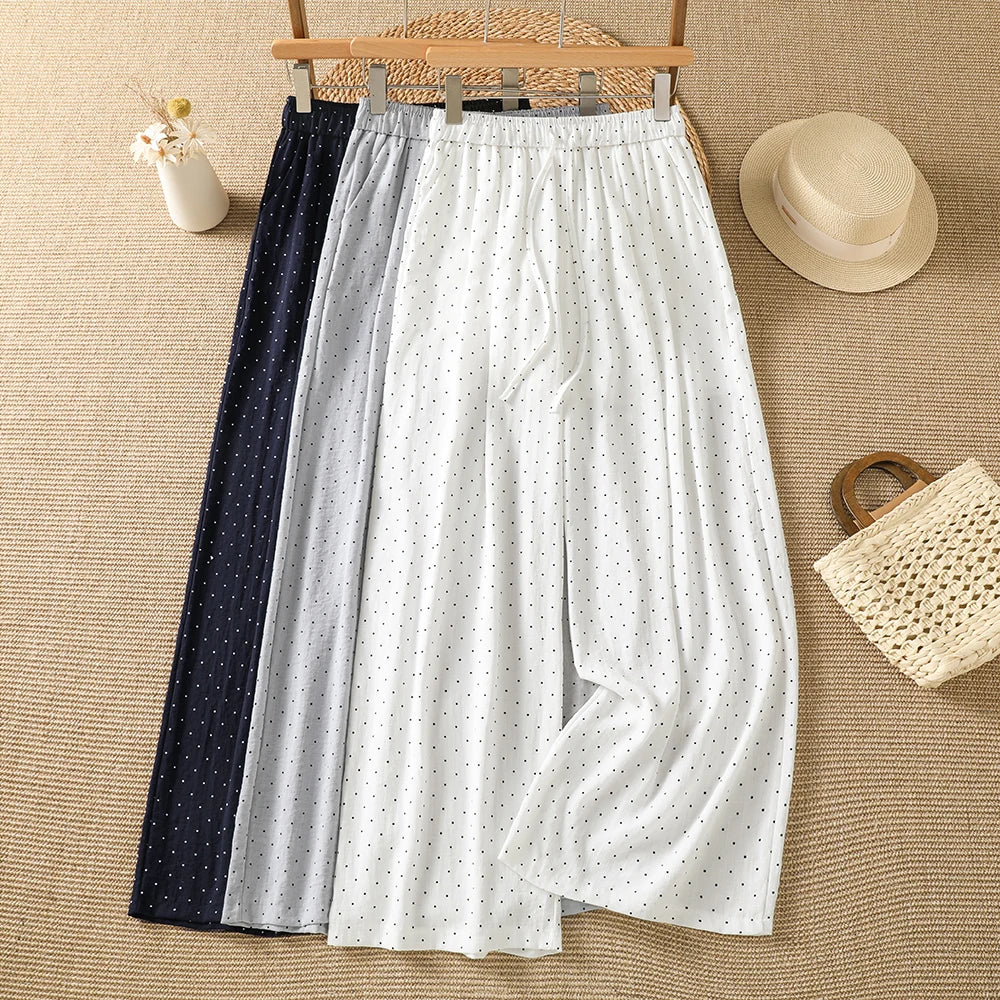 Summer New Vintage Small Polka Dot Loose Casual Wide Leg Pants Drawstring Waist Elastic Cotton Ladies Trousers