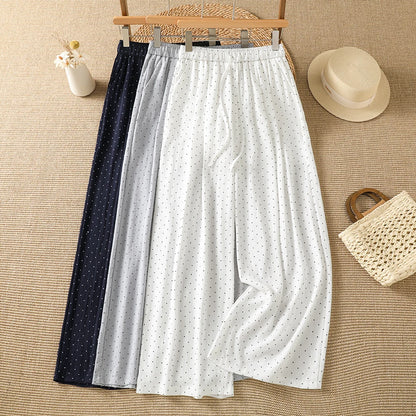 Summer New Vintage Small Polka Dot Loose Casual Wide Leg Pants Drawstring Waist Elastic Cotton Ladies Trousers