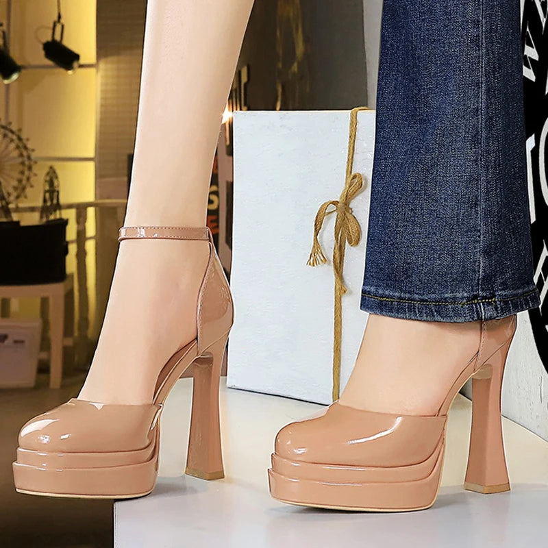 BIGTREE Shoes Platform High Heels 11.5 Cm Women Pumps Thick Heel Women Shoes Block Heels Patent Leather Heeled Sandals Summer