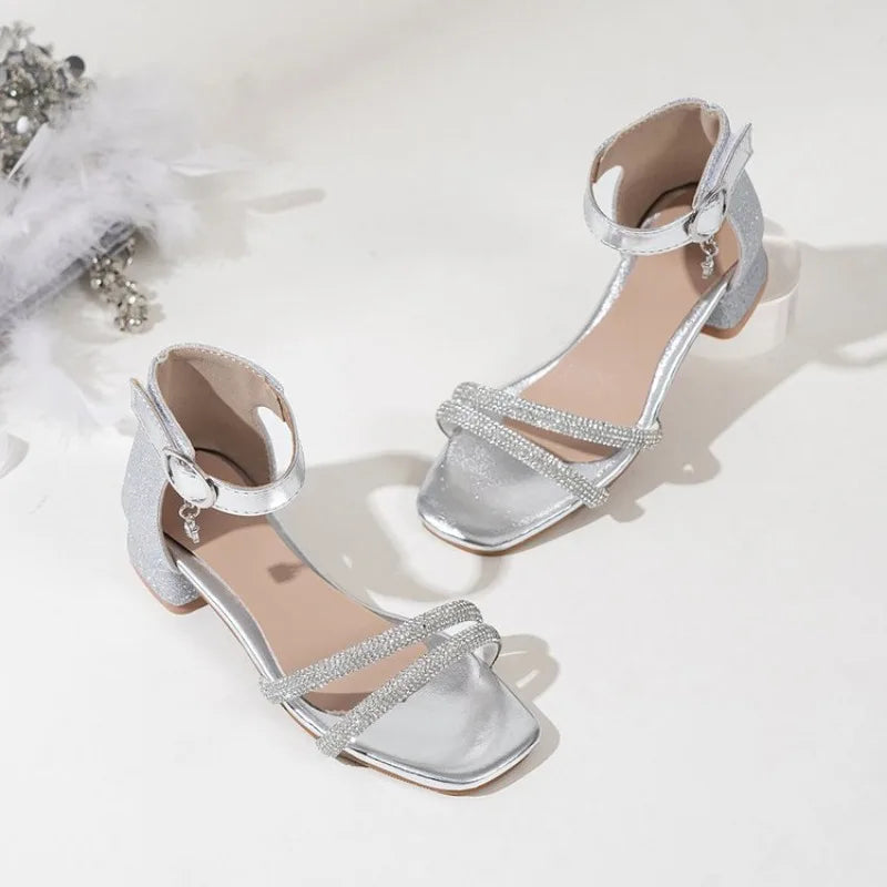 Children Summer Sequins High Heels Sandals Non-slip 2026 New Gold Princess Causal Girls Open-toe Sandals Fashion Kids Sandals