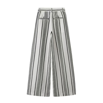 Maxdutti 2026 Summer New Loose And Comfortable Contrasting Striped High Waisted Straight Leg Linen Casual Pants For Women