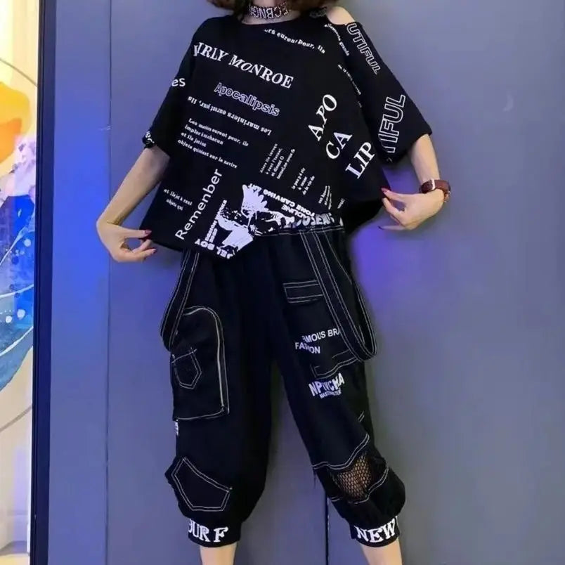 2 Pcs Women Summer Clothing Set Casual Batwing Sleeve Loose Tees Tops And Print Letters Harem Tracksuits Pants Suits