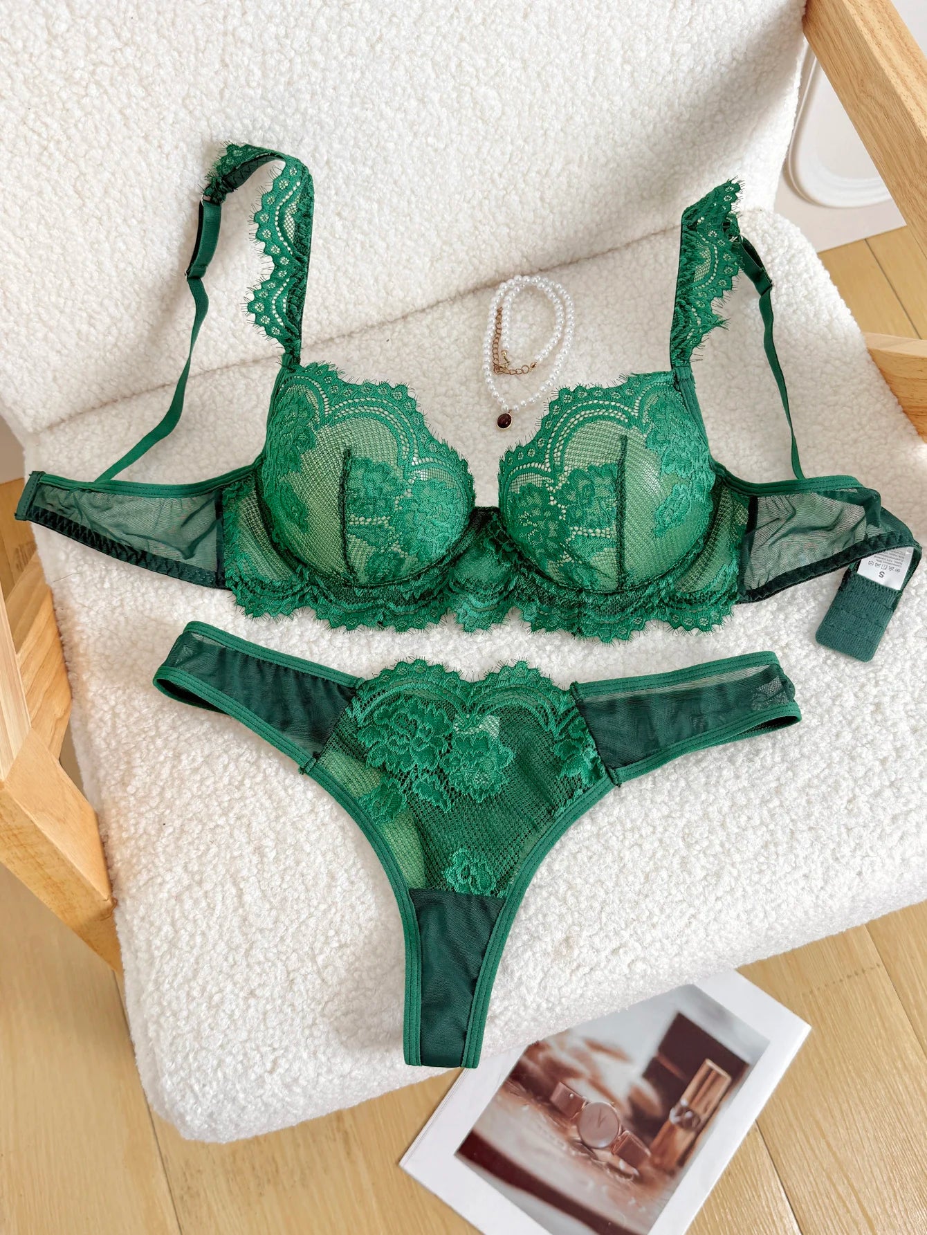 Vintage Romantic Dark Green Lace Lingeri Sheer Mesh Longline Bra 2 Pieces Elegant Boudoir Intimate Outfit