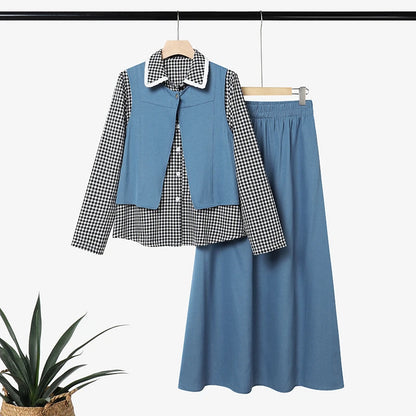 ZANZEA Women Muslim Sets Vintage Gingham Patchwork Fake 2 Pieces Blouse  Maxi Skirt Suit Casual Long Sleeve Tops Matching Sets