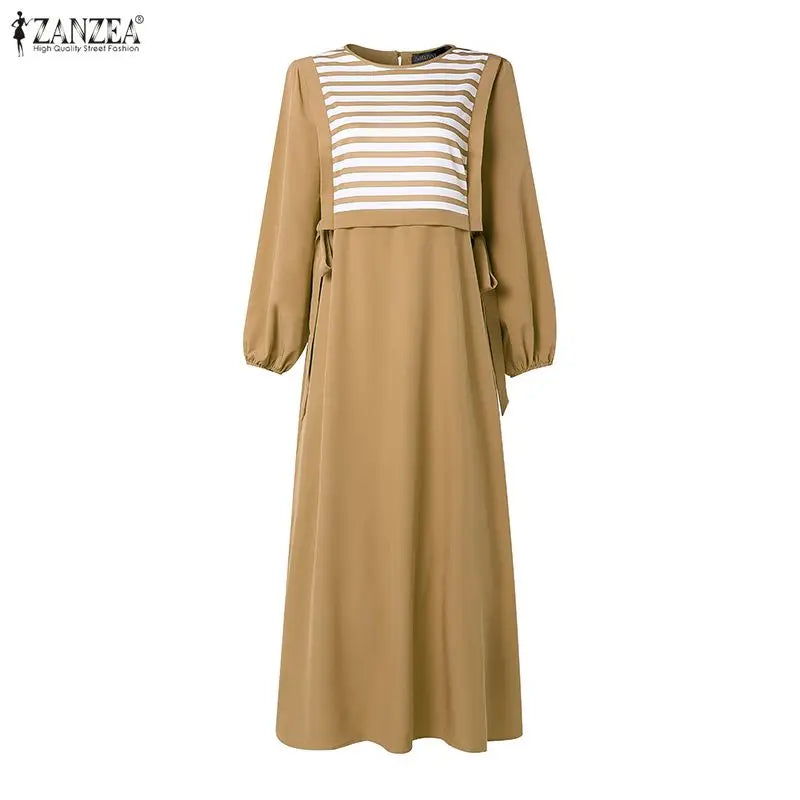ZANZEA Stylish Women Striped Patchwork Muslim Dress Abaya Elegant Maxi Long Dress Dubai Robe Kaftan O Neck Long Sleeve Sundress