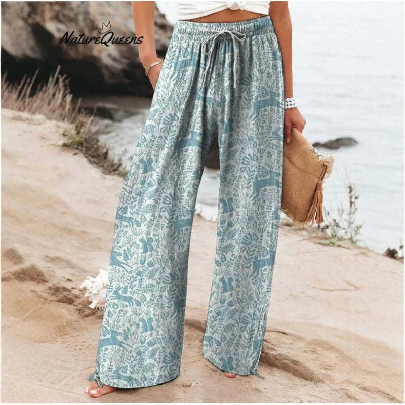 Women's New High Waist Loose Casual Wide Leg Print Pants Summer Beach EU US Style Comfy Flowy Trousers